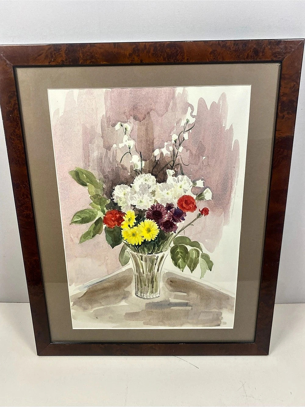 Vintage Framed Floral Bouquet Watercolor Painting In Faux Plastic Burlwood Frame